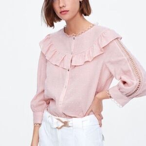 Zara pink ruffle button up‎ blouse size M